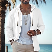 economico Vacanza-Per uomo Camicia camicia di lino Abbigliamento mare Camicia con bottoni Camicia con cappuccio Liscio Da mare Curise Nero Bianco Verde Cachi Manica lunga Con cappuccio Primavera estate Abbigliamento