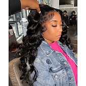 abordables Perruques à dentelle frontale-Perruque Cheveux Naturel Rémy 13x4 devant en dentelle Cheveux Brésiliens Kinky Curly Ondulation Noir Naturel Partie libre perruques pour femmes noires Densité 130% 150% 180% avec des cheveux de béb