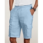 cheap Classic-Men&#039;s Cargo Shorts Shorts Linen Shorts Summer Shorts Beach Shorts Drawstring Elastic Waist Multi Pocket Plain Knee Length Outdoor Casual Daily Vacation Casual Black White Inelastic
