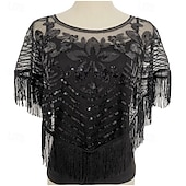 baratos Xailes-xale vintage glamour - respirável, enfeitado com lantejoulas, com borlas, estilo elegante estilo flapper com casaco combinando para uso noturno feminino - fino, curto, design de bata, perfeito para