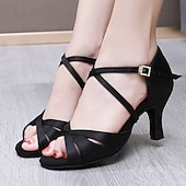 abordables Chaussures de danses latines-chaussures de danse de salon en satin noir pour femmes avec bride croisée et boucle en strass, talons confortables pour la danse latine et la salsa