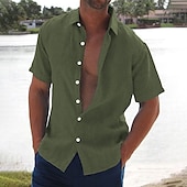 billiga Semester-Herr linneskjorta Sommarskjorta Standkläder Knapp upp skjorta Ensfärgat Semester Curise Svart Vit Rosa Blå Kortärmad Nedvikt Sommar Kläder Button-Down