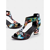 cheap Block Heels-Women&#039;s Colorful Floral Print Block Heel Sandals with Cut-Out Design - Stylish Open-Toe Shoes for Summer Parties and Casual Wear