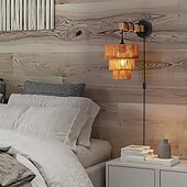 economico Luci da parete-Lampada da parete in rattan a 3 livelli con cavo di alimentazione, applique da parete in rattan boho deco, applique da parete interna con spina per camera da letto comodino sala da pranzo soggiorno