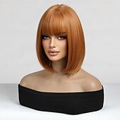 baratos Perucas Sintéticas sem Touca-Perucas de Cosplay Ondas Soltas Prumo Franja Lisa Com Franjas Peruca 14 polegadas Cabelo Sintético Mulheres Elástico Adorável Confortável Laranja
