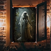 cheap Halloween Wall Tapestries-Halloween Window Cover Decorations, Fabric Ghost Bride Creepy Halloween Curtain Horror Movie Poster Window Door Covering Decor for Haunted House, Scary Halloween Window Clings Decals Indoor Outdoor