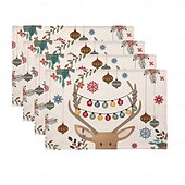 abordables Figuras coleccionables-Juego de 4 manteles individuales navideños de algodón y lino para mesa de Navidad de temporada de invierno con muñeco de nieve &amp;Diseño de reno para decoración de interiores y exteriores, para fiestas,