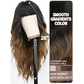abordables Perruques Synthétiques Sans Bonnet-perruque avec frange longue perruque ondulée pour femme perruque en cheveux synthétiques pour une utilisation quotidienne en soirée