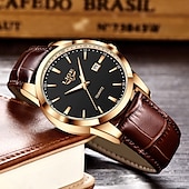 voordelige Quartz-horloges-LIGE Heren Quartz Horloge Zakelijke Datum Waterdichte Leren Strap Horloge