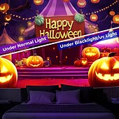 cheap Halloween Wall Tapestries-Halloween Decorations Blacklight Tapestry UV Reactive Glow in the Dark Glow Party Skulls Psychedelic Trippy Misty Hanging Tapestry Wall Art Mural for Living Room Bedroom Pumpkins