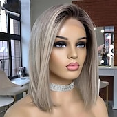 abordables Perruques à dentelle frontale-Perruque Cheveux Naturel Rémy 13x4 devant en dentelle Cheveux Brésiliens Droit Gris foncé Multicolore Bob Coupe Carré Bob court Partie latérale Femme Densité 130% 150% 180% avec des cheveux de béb