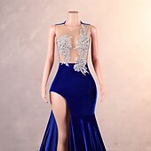 cheap Weddings &amp; Events-Mermaid Evening Gown Elegant Dress Evening Party Engagement Court Train Sleeveless Jewel Neck Velvet with Appliques