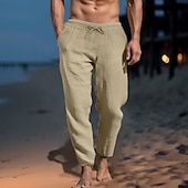 cheap Holiday-Men&#039;s Linen Pants Trousers Summer Pants Beach Pants Pocket Drawstring Elastic Waist Plain Comfort Soft Daily Weekend Streetwear Casual Black White Micro-elastic