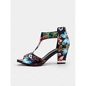 cheap Block Heels-Women&#039;s Colorful Floral Print Block Heel Sandals with Cut-Out Design - Stylish Open-Toe Shoes for Summer Parties and Casual Wear