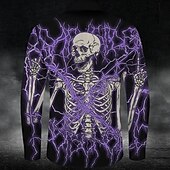 preiswerte Halloween-Shirts-Halloween Totenkopf Motiv Grusel Herren Knopfhemd Langarm Partyabend Täglich Herbst Winter Frühling Sommer Hemdkragen 3D-Druck Dünn Rote Blau Purpur Grün Polyester