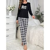 billiga Sovkläder till damer-kvinnors pyjamasset rutnät / rutig bokstav mode komfort hem daglig säng andas rund hals långärmad t-shirt t-shirt byxa resår midja höst vinter hem outfits