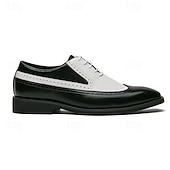 olcso Hivatalos-férfi fekete-fehér wingtip oxford cipők brogue részletekkel - klasszikus kéttónusú műbőr ruhacipő formális és vintage ihletésű ruhákhoz