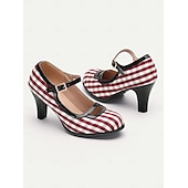 preiswerte 1950er Jahre-Damen Absätze Retro Mary Jane Arbeit Täglich Plaid Farbblock Schnalle Stöckelabsatz Runde Zehe Elegant Vintage PU Stoff Schnalle Schwarz / weiss Weiß und Grün Rot
