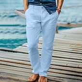 お買い得  休日-男性用 リネンパンツ ズボン スーツ サマーパンツ ビーチパンツ フロントポケット まっすぐな足 平織り 履き心地よい 高通気性 全長 フォーマル ビジネス 祝日 ファッション ベーシック ブラック ホワイト 伸縮性なし