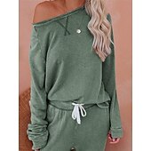 billiga Sovkläder till damer-pyjamasset för kvinnor ren färg mode grundläggande komfort hem daglig säng andas rund hals långärmad byxficka resår midja höst vinter hem outfits