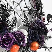 olcso Halloween kellékvilágítás-halloween koszorú műkoponyával és karácsonyi díszekkel - kísérteties lila virágos szőlőajtó függő kísértetjárta házhoz és félelmetes parti dekorációhoz