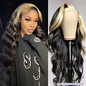 economico Parrucche lace front capelli veri-Parrucca frontale in pizzo colorato 13x4 1b/613 con parte libera, capelli brasiliani ondulati, densità 150% per donne nere, 10-28 pollici