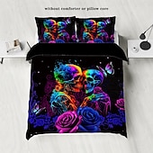 cheap Duvet Cover Sets-Gothic Cool Skull Floral Print 3-Piece Duvet Cover Set Bedding Set - Unique and Artistic Design - Includes Duvet Cover and Pillowcases - Soft and Durable Fabric - Perfect for Adding an Edgy Touch to Your Bedroom Decor