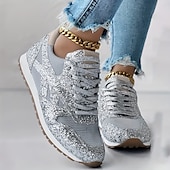 billige Sneakers til kvinner-kvinners sølvglitter joggesko mesh snøring med komfortabel såle