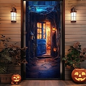 billige Halloween dørdeksler-halloween dørdekorasjoner halloween dørdeksler skummel dyster dør billedvev dør gardin dekorasjon bakteppe dør banner for inngangsdør gårdshus ferie fest innendørs utendørs dekor forsyninger