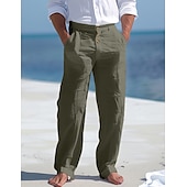 cheap Holiday-Men&#039;s Linen Pants Trousers Summer Pants Beach Pants Front Pocket Straight Leg Plain Comfort Breathable Business Casual Daily Fashion Basic Black White