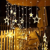 abordables Lumières de cordes solaires-Rideau lumineux en forme d&#039;étoile et de lune avec télécommande, 3,5 m, 138 LED, 8 modes, pour mariage, fête de Noël, extérieur, étanche, pour tente, chambre à coucher, salon, balcon, fenêtre,