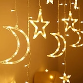 abordables Lumières de cordes solaires-Rideau lumineux en forme d&#039;étoile et de lune avec télécommande, 3,5 m, 138 LED, 8 modes, pour mariage, fête de Noël, extérieur, étanche, pour tente, chambre à coucher, salon, balcon, fenêtre,