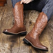 levne Cowboy &amp; Western Boots-pánské klasické hnědé westernové kovbojské boty – odolná kůže s detailní výšivkou pro outdoorové i běžné nošení