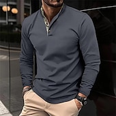 preiswerte Klassisches Poloshirt für Herren-Herren Waffel-Poloshirt Golfhemd Arbeit Casual Ständer Langarm Basic Modern Farbblock Patchwork Taste Frühling &amp; Herbst Regular Fit Schwarz Weiß Wein Marinenblau Dunkelgrau Armeegrün Waffel-Poloshirt