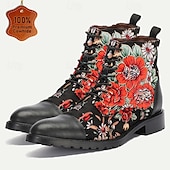 cheap Premium Leather Boots-Men&#039;s Black Floral Combat Boots with Rugged Soles and Leather Toe Caps for Casual and Outdoor Wear