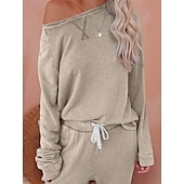billiga Sovkläder till damer-pyjamasset för kvinnor ren färg mode grundläggande komfort hem daglig säng andas rund hals långärmad byxficka resår midja höst vinter hem outfits