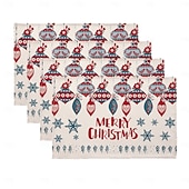 abordables Figuras coleccionables-Juego de 4 manteles individuales navideños de algodón y lino para mesa de Navidad de temporada de invierno con muñeco de nieve &amp;Diseño de reno para decoración de interiores y exteriores, para fiestas,