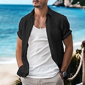 cheap Vacation-Men&#039;s Shirt Linen Shirt Summer Shirt Casual Shirt Beach Shirt Button Down Shirt Plain Vacation Curise Black White Light Green Pink Short Sleeve Lapel Summer Clothing Apparel