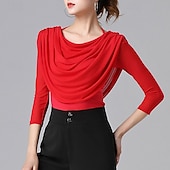 cheap Ballroom Dancewear-Ballroom Dance Activewear Top Ruffles Pure Color Splicing Women&#039;s Performance Training 3/4 Length Sleeve High Nylon