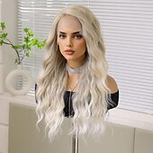 economico Parrucche lace sintetiche-Parrucca in pizzo sintetico Riccio Stile 26 pollice Marrone con riflessi dorati Parte di mezzo Parte anteriore in pizzo 13x5x1 Parrucca Per donna Parrucca Marrone chiaro
