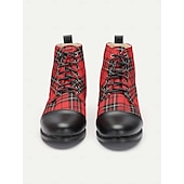 cheap Combat Boots-Women&#039;s Tartan Plaid Combat Boots with Black Leather Toe Cap - Stylish Lace-Up Ankle Boots for Casual Wear and Festive Occasions