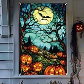 cheap Wall Tapestries-Halloween Window Cover Decorations, Fabric Stained Glass Pumpkin Halloween Curtain Poster Window Door Covering Decor for Haunted House, Scary Halloween Window Clings Decals Indoor Outdoor