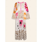 cheap Print Casual Dress-Satin Leopard Print Button Up Crew Neck Casual Daily Maxi Dress