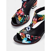 cheap Block Heels-Women&#039;s Colorful Floral Print Block Heel Sandals with Cut-Out Design - Stylish Open-Toe Shoes for Summer Parties and Casual Wear