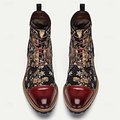 cheap Premium Leather Boots-Men&#039;s Jacquard Fabric and Leather Ankle Boots - Floral Pattern Lace-Up Design for Vintage-Inspired Fashion