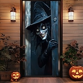 billige Halloween dørdeksler-halloween dørdekorasjoner halloween dørdeksler hekser dør billedvev dør gardin dekorasjon bakteppe dør banner for inngangsdør gårdshus ferie fest innendørs utendørs dekor forsyninger
