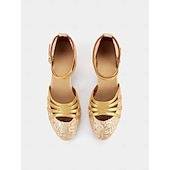 economico Scarpe per balli latini-scarpe da ballo latino da donna con brillantini dorati, lacci e cinturini incrociati - eleganti calzature da ballo da sala