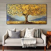cheap Floral/Botanical Paintings-Mintura Handmade 3D Golden Tower Tree Landscape Oil Paintings On Canvas Wall Art Decoration Modern Abstract Picture For Home Decor Rolled Frameless Unstretched Painting