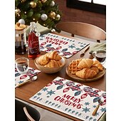 abordables Figuras coleccionables-Juego de 4 manteles individuales navideños de algodón y lino para mesa de Navidad de temporada de invierno con muñeco de nieve &amp;Diseño de reno para decoración de interiores y exteriores, para fiestas,