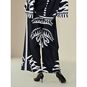 economico pantaloni da donna-pantaloni neri con stampa a gamba larga in raso